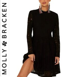 "Molly Bracken" Black Lace Mock-Neck Long Sleeve Mini Dress- S